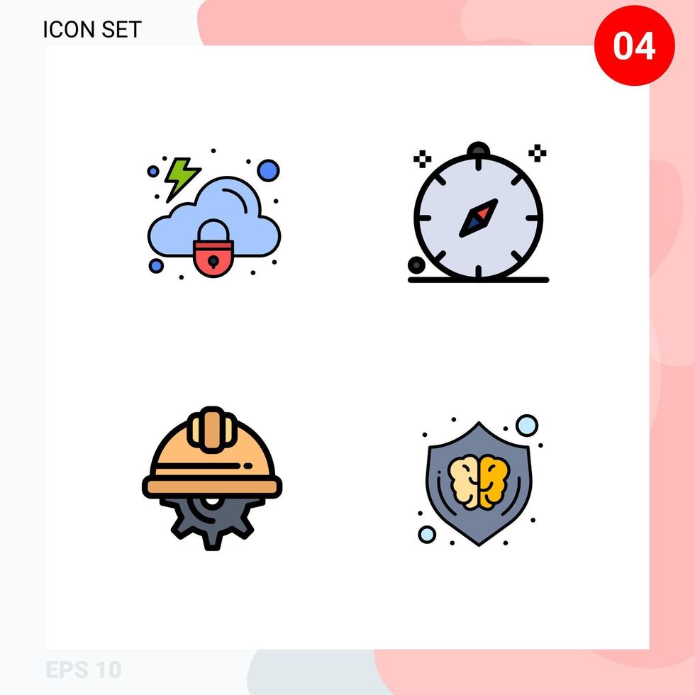 4 universelle Fillline-Flachfarben für Web- und mobile Anwendungen Cloud Cap Security Holiday Gear editierbare Vektordesign-Elemente vektor