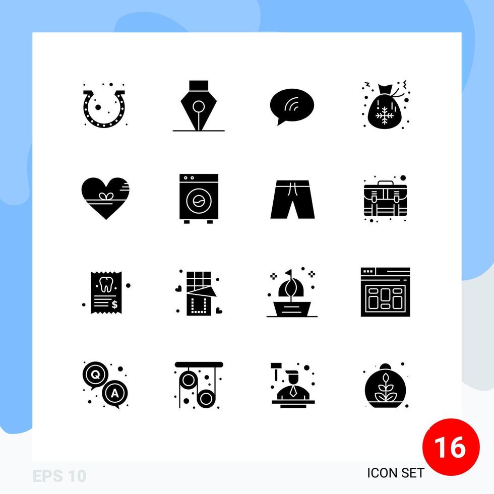 uppsättning av 16 vektor fast glyfer på rutnät för kärlek santa meddelande jul väska redigerbar vektor design element