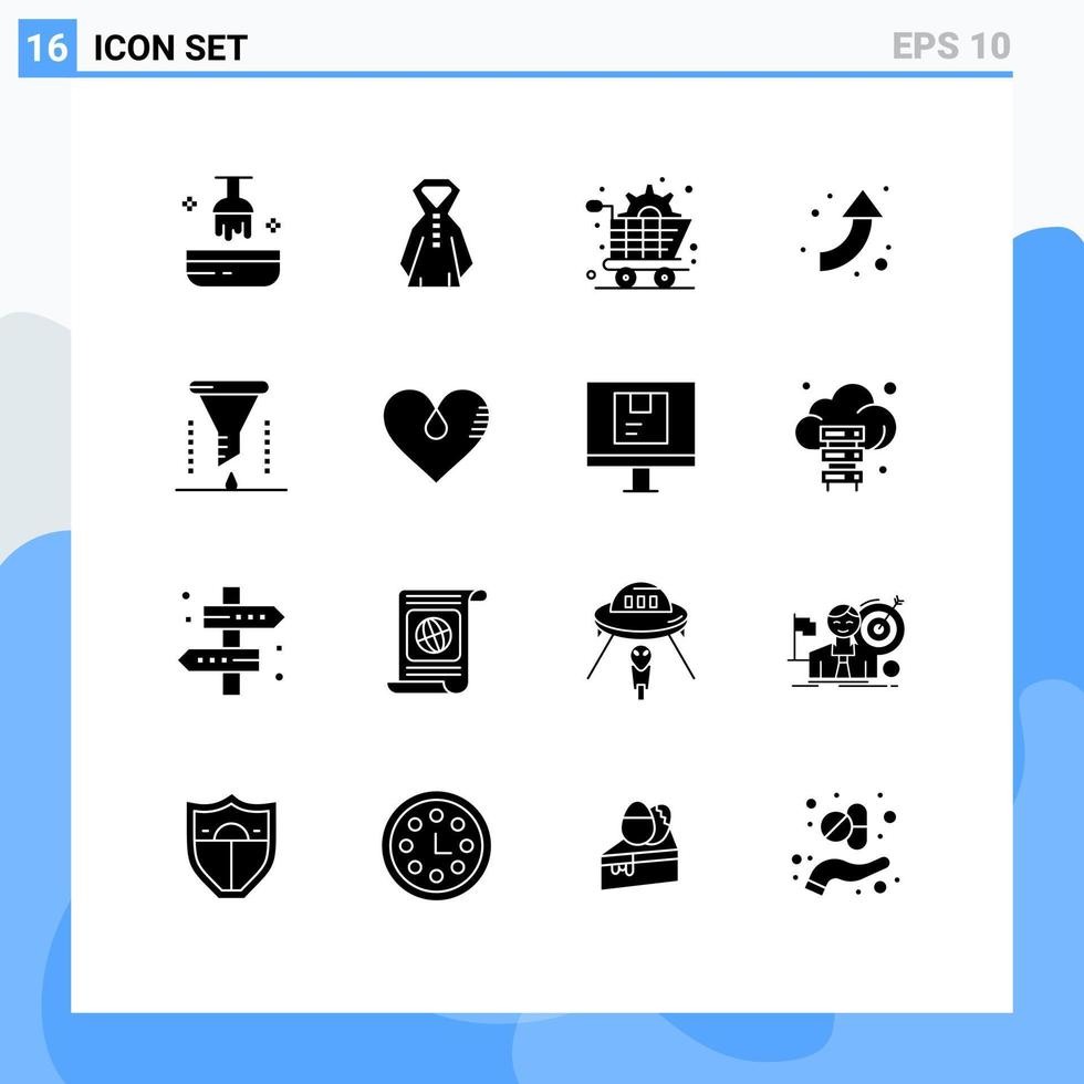 piktogrammsatz von 16 einfachen soliden glyphen von filterchemikalientrichter handel chemische analysepfeile editierbare vektordesignelemente vektor