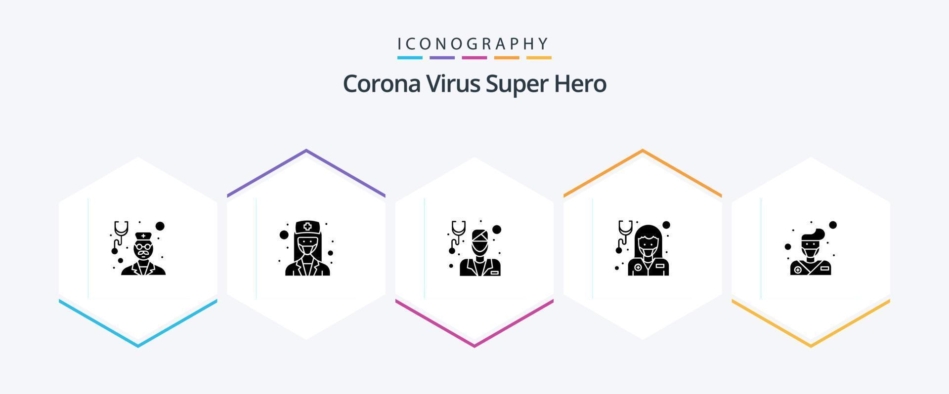 Corona-Virus Superheld 25 Glyphen-Icon-Pack inklusive Ärztin. Gesundheitspflege. Arzt. Mädchen. Arzt vektor