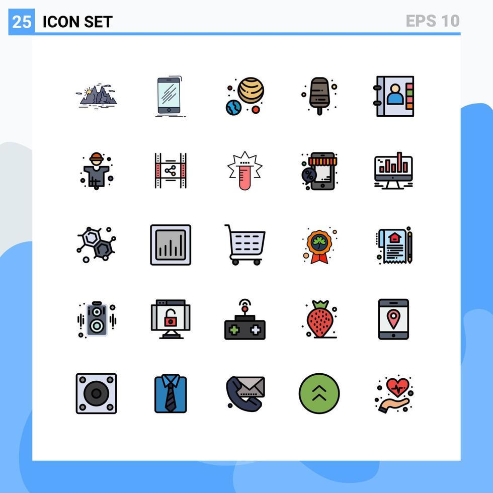 25 benutzerschnittstellengefüllte flache farbpakete mit modernen zeichen und symbolen von kontakten eiscreme smartphone lebensmittelplaneten editierbare vektordesignelemente vektor