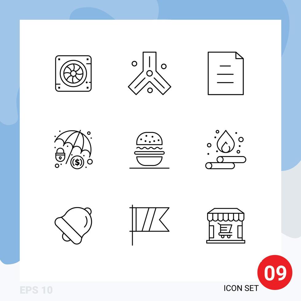 9 User Interface Outline Pack moderner Zeichen und Symbole der USA essen Dokument Burger Dollar Protection editierbare Vektordesign-Elemente vektor