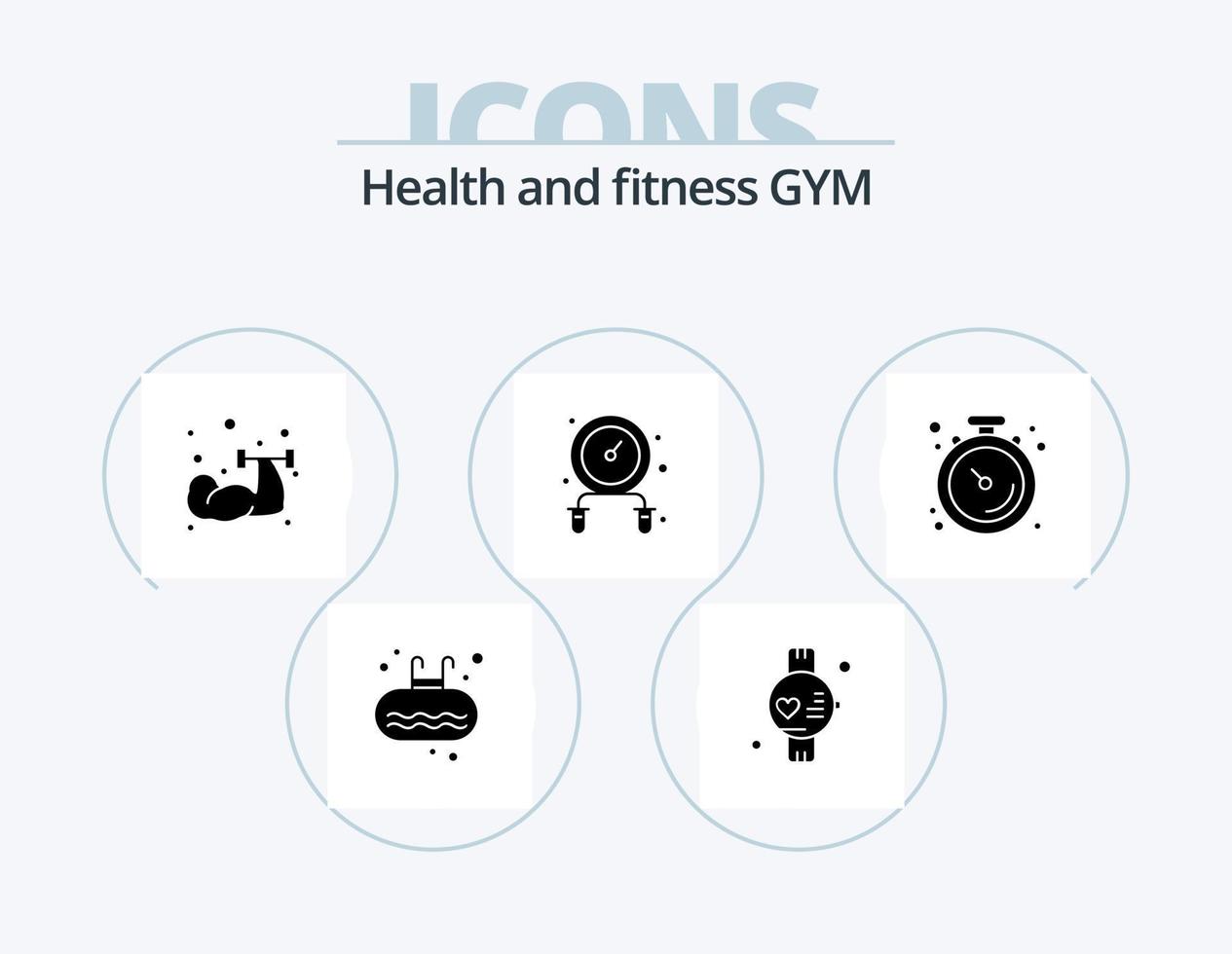 Gym glyf ikon packa 5 ikon design. muskel. klocka. hantel. hoppa rep. övning vektor