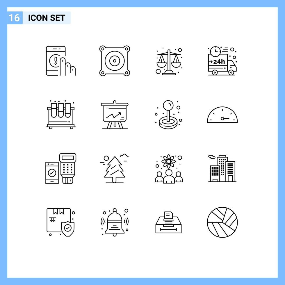 Gliederungspackung mit 16 universellen Symbolen für Testwagen-Balance, Versand, Lieferung, editierbare Vektordesign-Elemente vektor