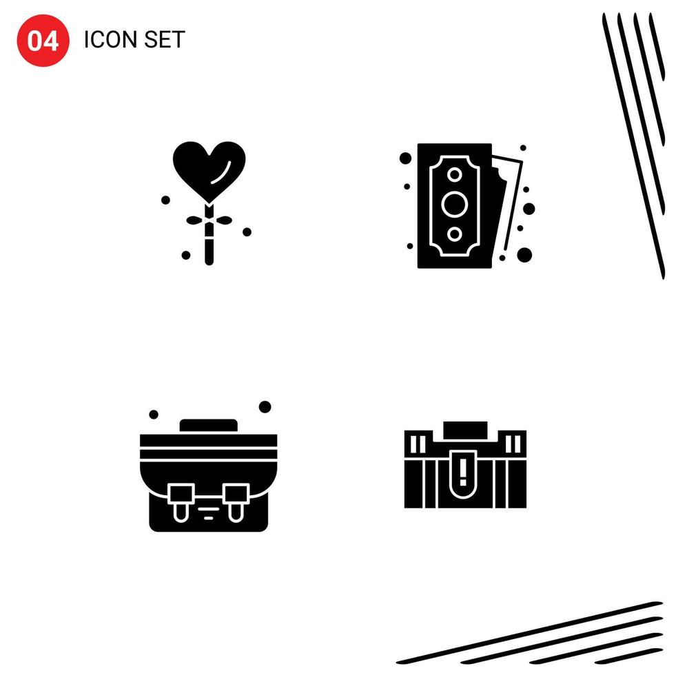 Stock Vector Icon Pack mit 4 Zeilen Zeichen und Symbolen für Herz Schultasche Valentine Payment Aktentasche editierbare Vektordesign-Elemente