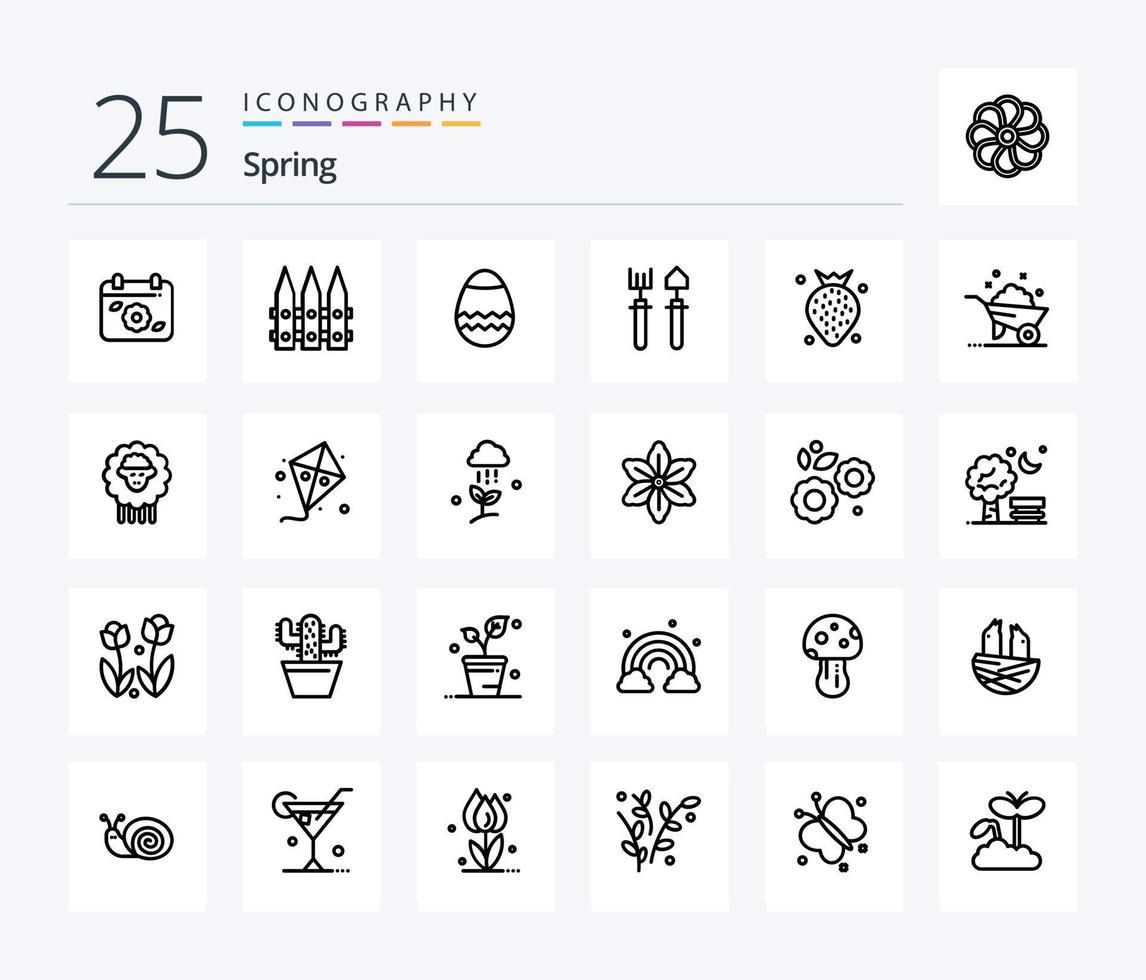 vår 25 linje ikon packa Inklusive frukt. jordgubbe. påsk. skyffel. trädgårdsmästare vektor