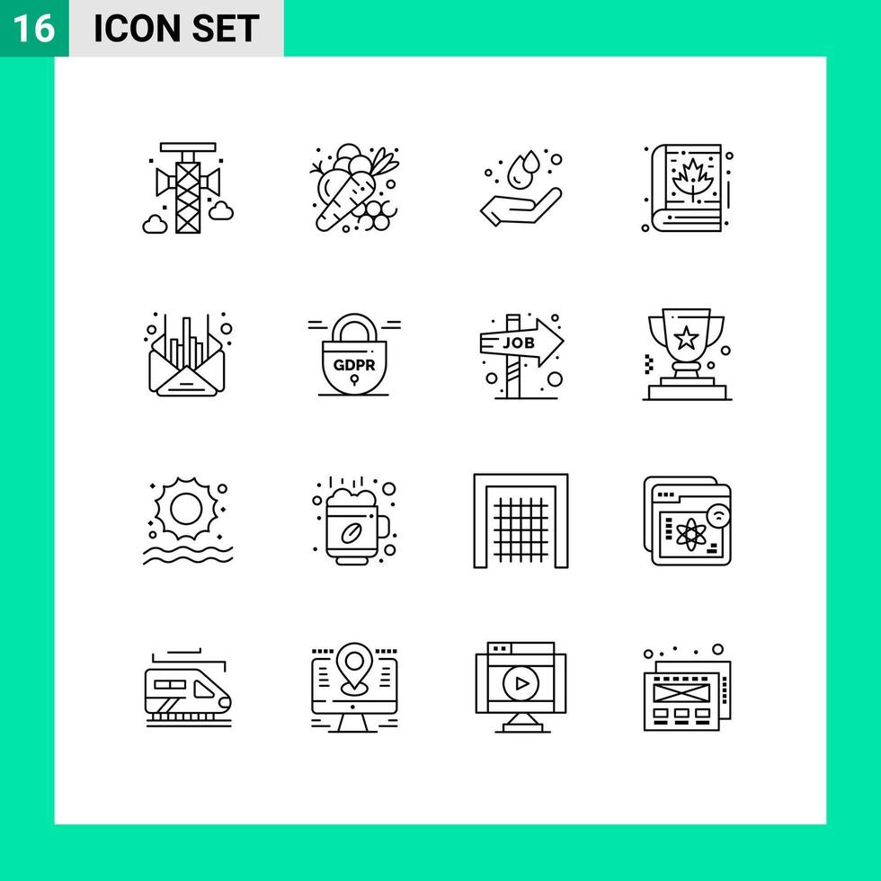 Stock Vector Icon Pack mit 16 Zeilenzeichen und Symbolen für Mail Thanksgiving Gemüseblatt handbearbeitbare Vektordesign-Elemente