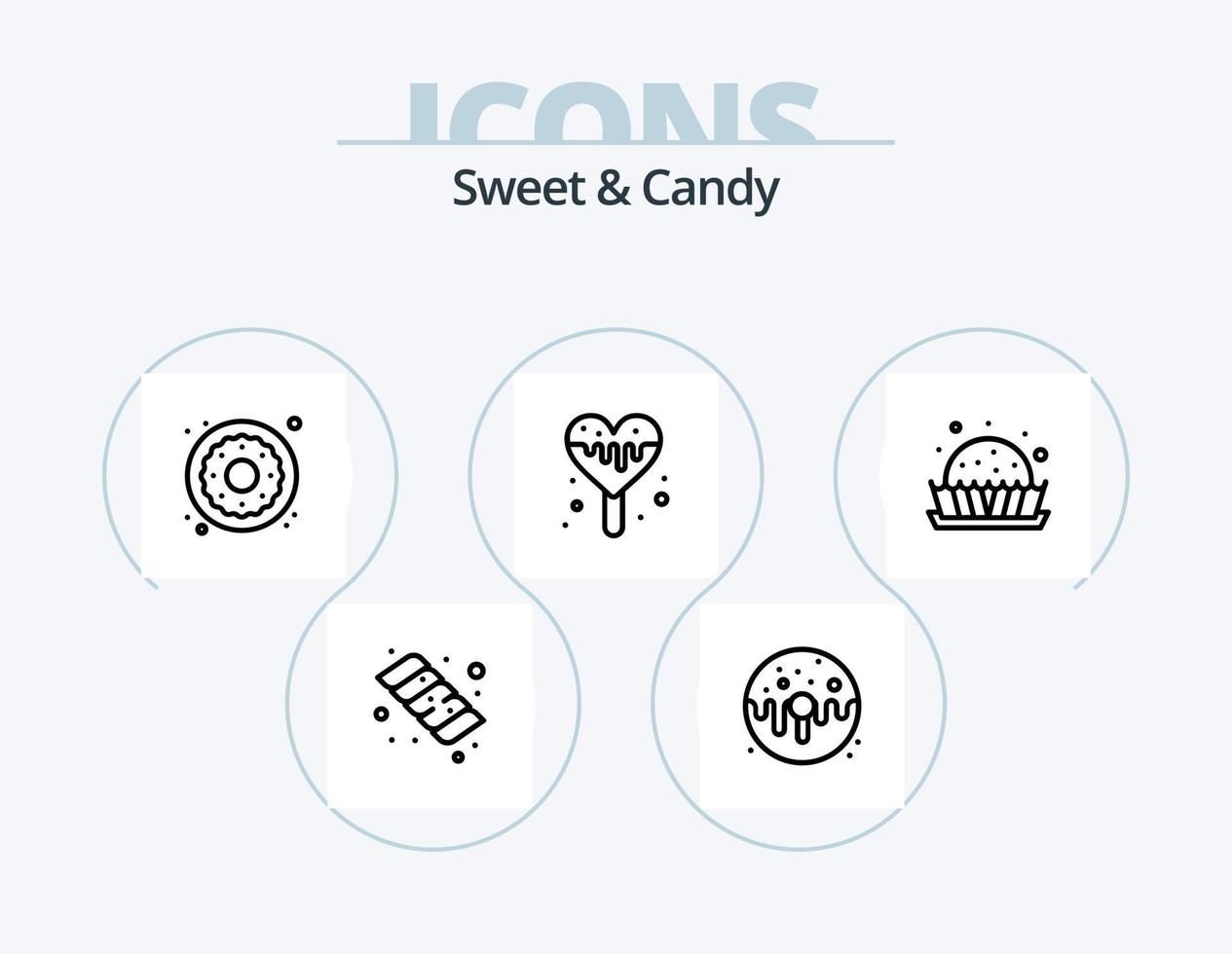 Symboldesign für süße und süße Liniensymbolpakete mit 5 Symbolen. Süßigkeiten. Nachtisch. Nachtisch. Kuchen. süss vektor