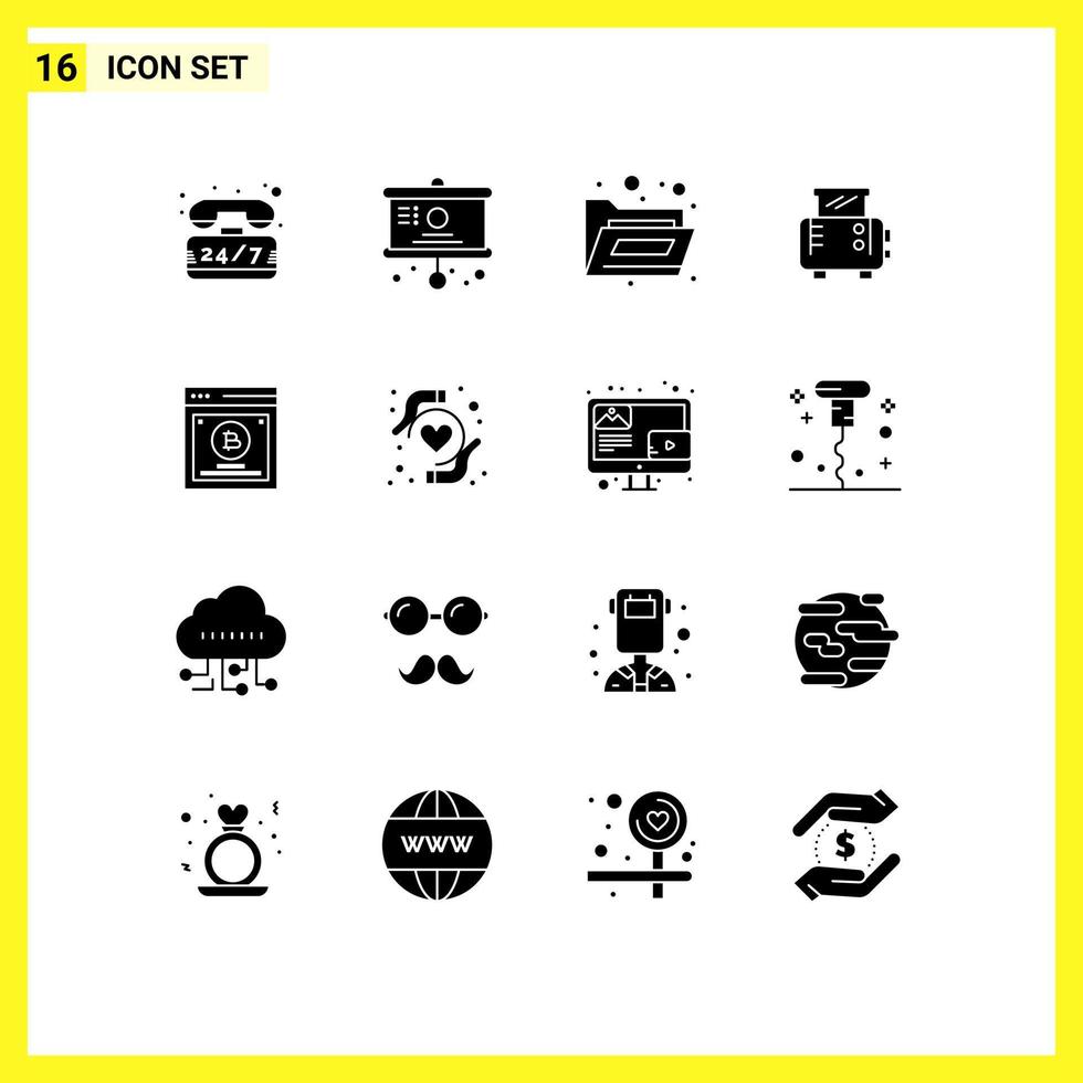 16 thematische Vektor-Solid-Glyphen und bearbeitbare Symbole für Split-Tests zum Vergleichen von Dateien, die Toastmaschinen-bearbeitbare Vektordesign-Elemente testen vektor