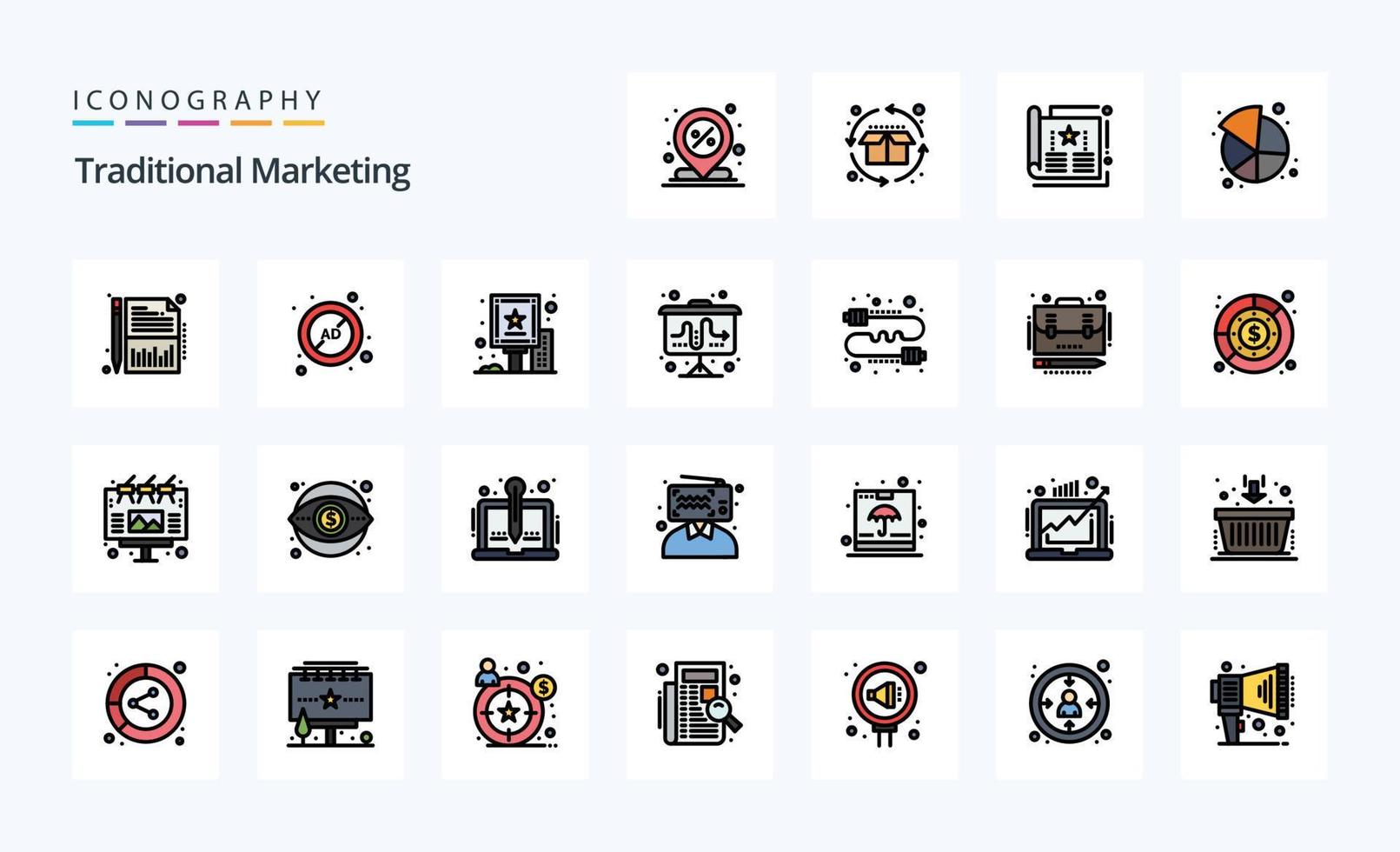 25 Icon-Pack mit traditionellen Marketinglinien vektor