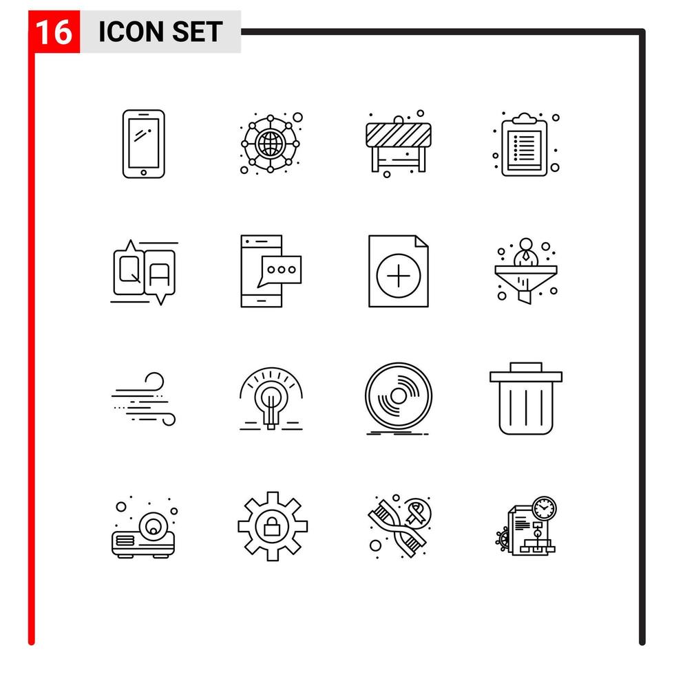 grupp av 16 konturer tecken och symboler för utbildning chatt uppmärksamhet lista checklista redigerbar vektor design element