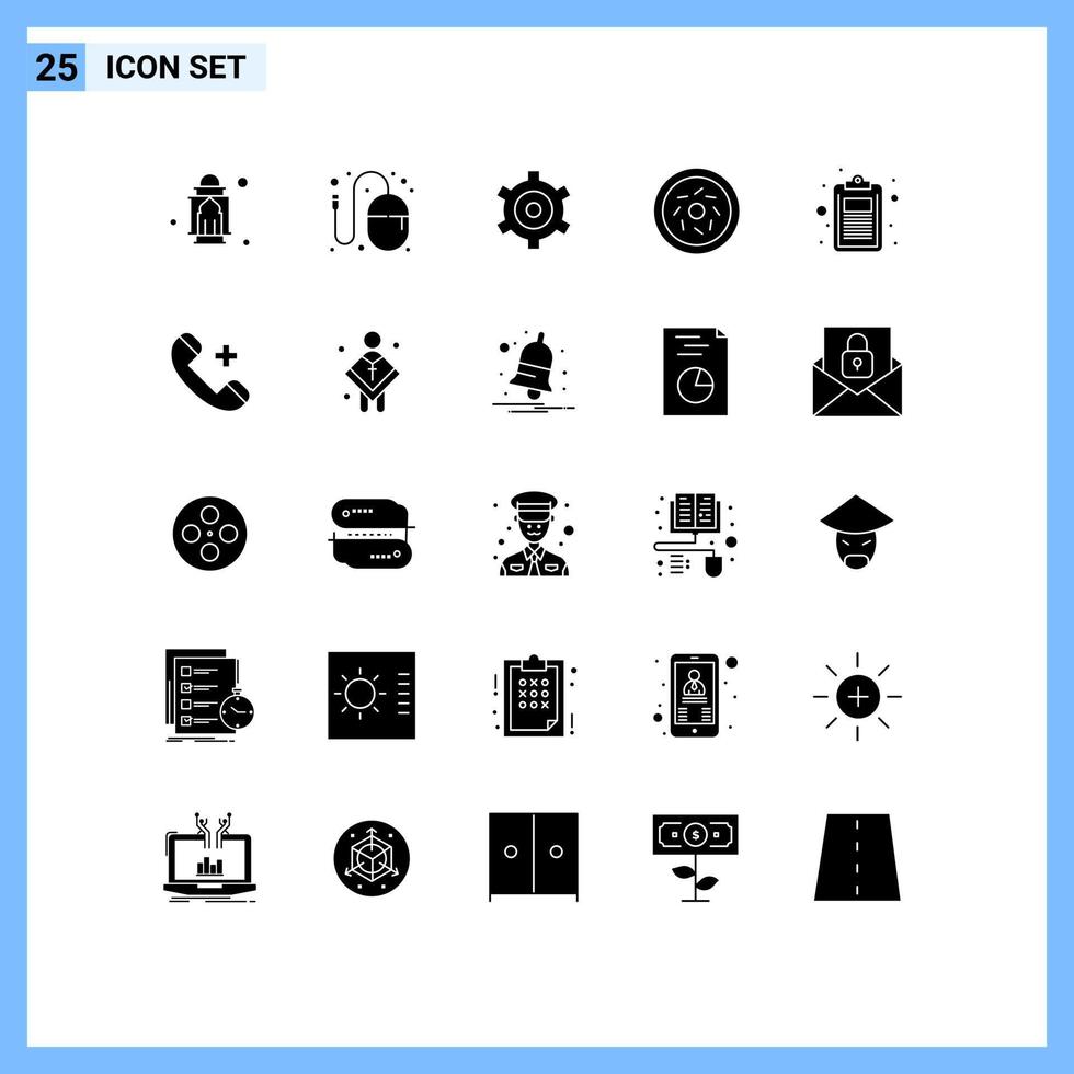 Gruppe von 25 soliden Glyphen Zeichen und Symbolen für Dokument süße Idee Food Cogs editierbare Vektordesign-Elemente vektor