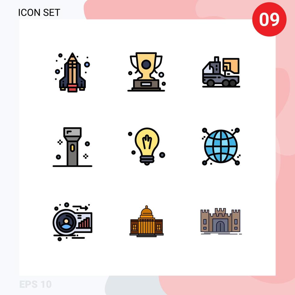 9 universelle Fillline-Flachfarben für Web- und mobile Anwendungen Technologie Taschenlampe künstliche Elektronik Leben editierbare Vektordesign-Elemente vektor