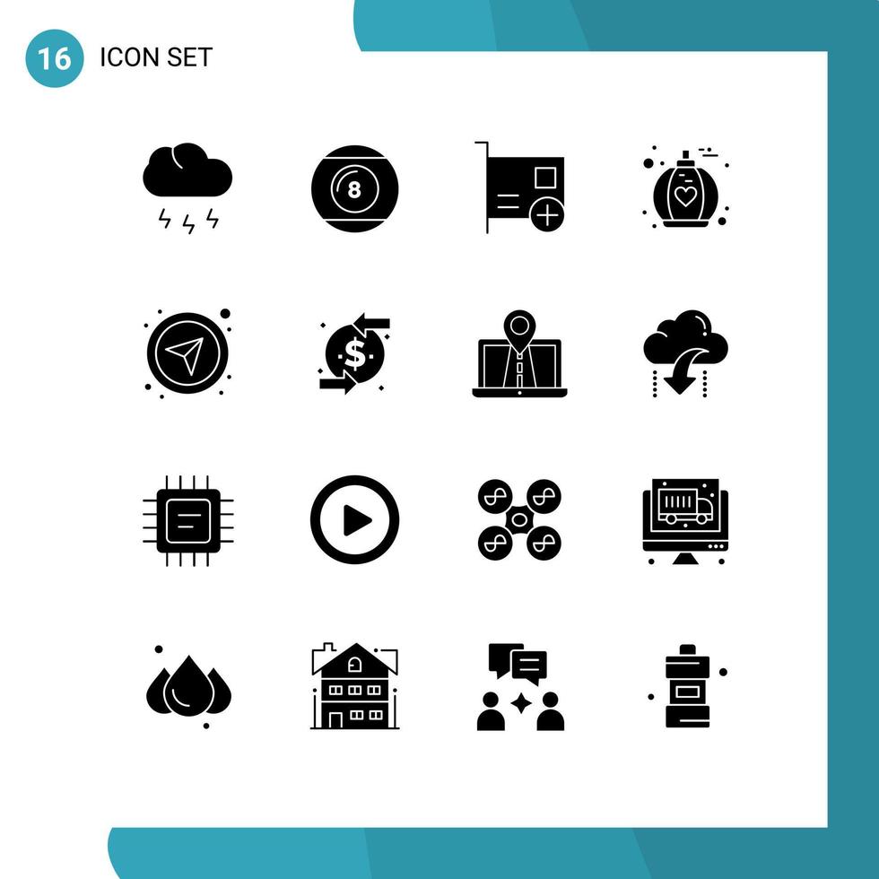16 universelle Solid-Glyphen-Sets für Web- und mobile Anwendungen Kompass lieben Sportduftgeräte editierbare Vektordesign-Elemente vektor