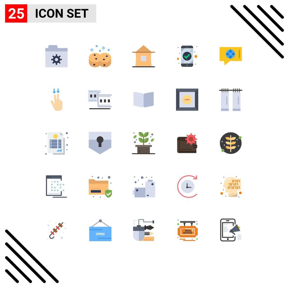 flaches Farbpaket mit 25 universellen Symbolen für Chat-Mobilheim-Check-App editierbare Vektordesign-Elemente vektor