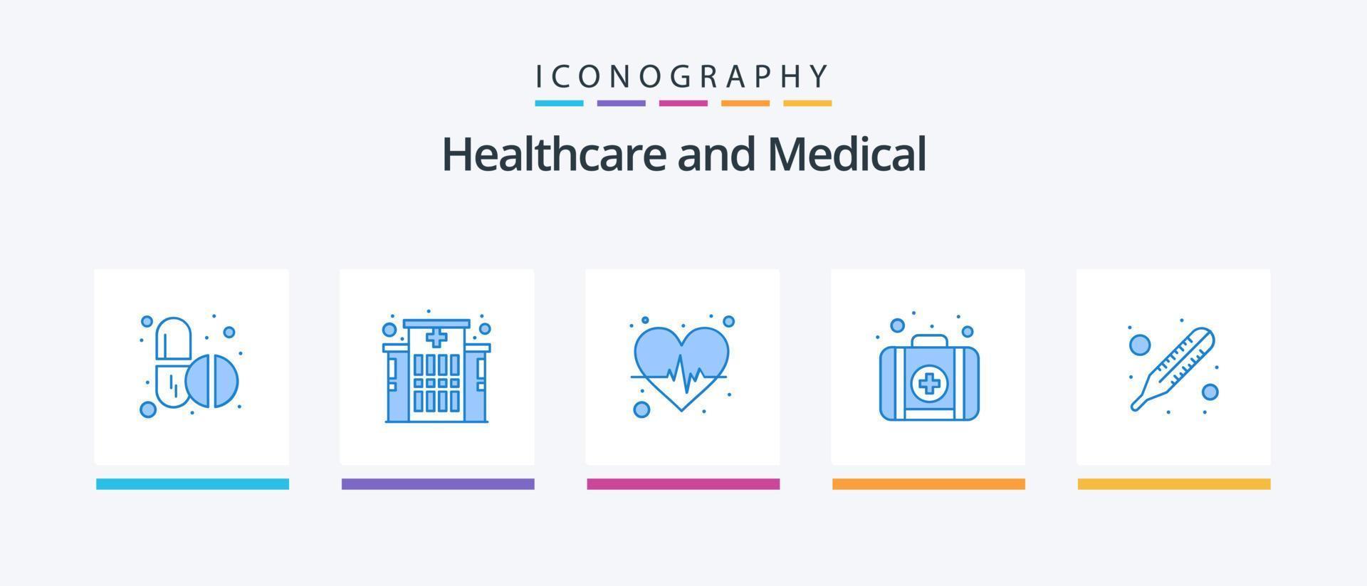 medizinisches blaues 5-Icon-Paket einschließlich . Temperatur. Herz. Fieber. Bausatz. kreatives Symboldesign vektor