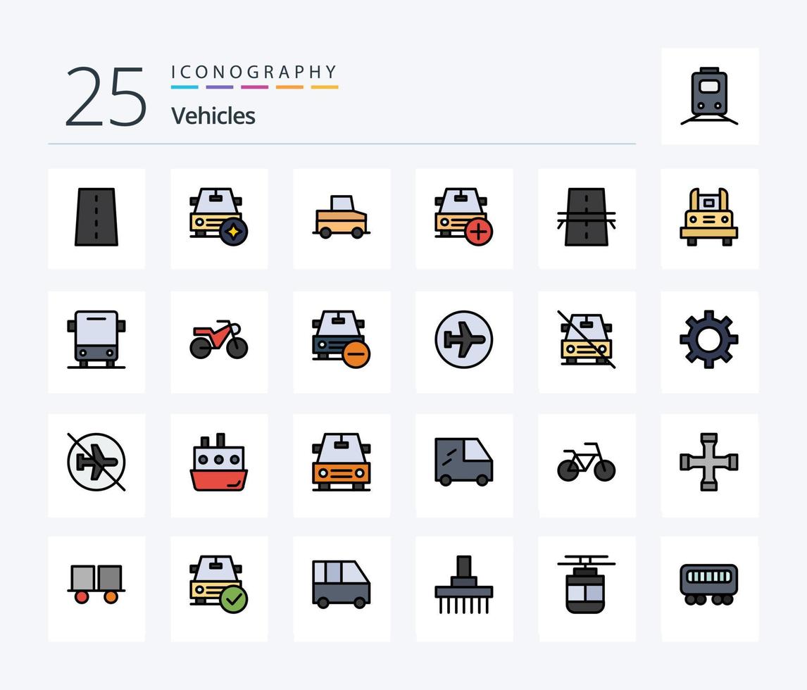 fordon 25 linje fylld ikon packa Inklusive bro. plus. fordon. Mer. Lägg till vektor