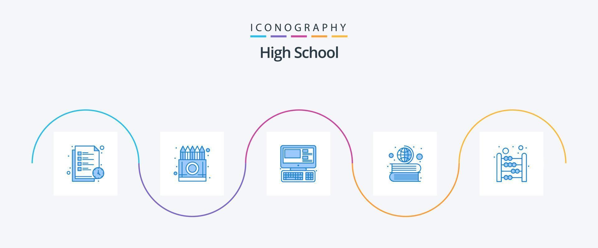 High School Blue 5 Icon Pack inklusive Abakus. Erdkunde. Bleistift. Ausbildung. Ausbildung vektor