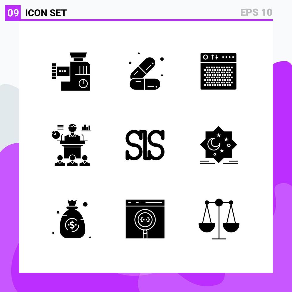 användare gränssnitt packa av 9 grundläggande fast glyfer av seminarium konvent förstärkare konferens bärbar redigerbar vektor design element