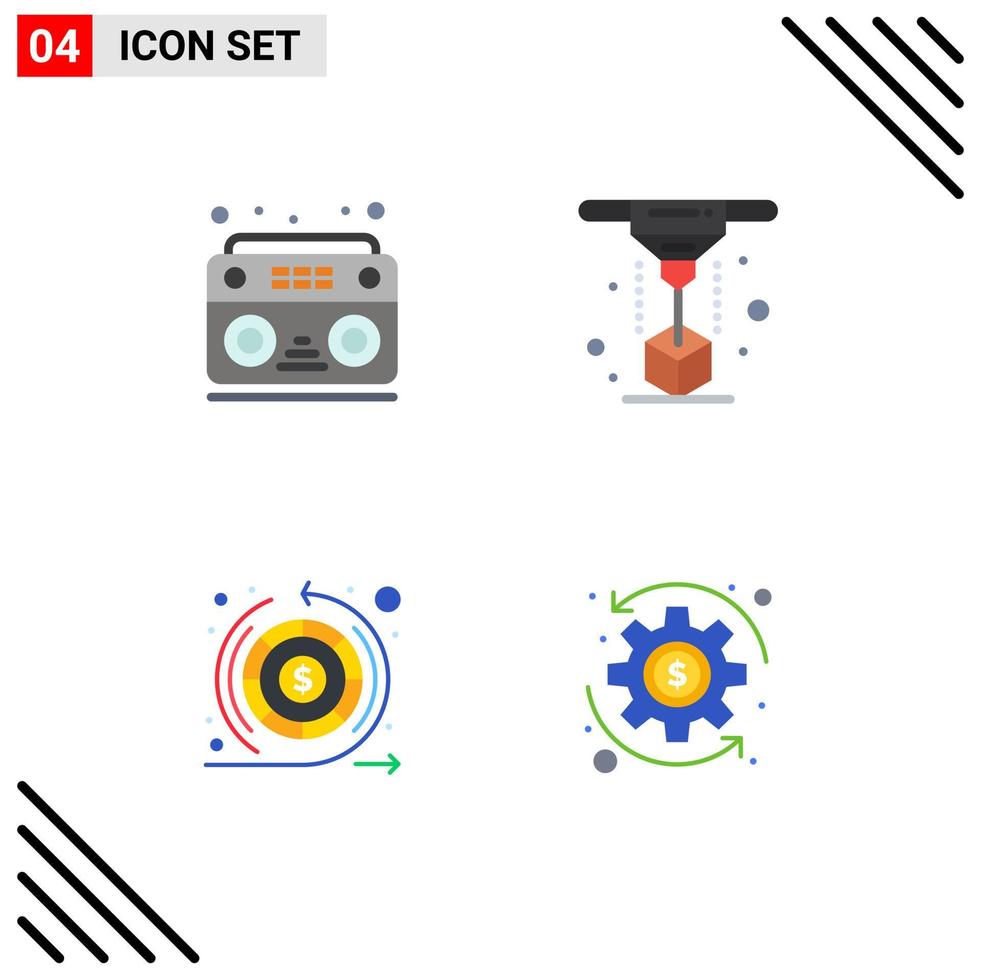 4 platt ikon begrepp för webbplatser mobil och appar audio pengar radio utskrift garanti redigerbar vektor design element