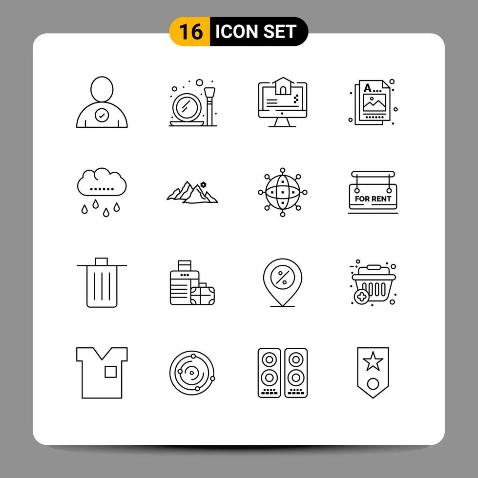 16-Benutzeroberflächen-Gliederungspaket mit modernen Zeichen und Symbolen von Regenwolken-Echtbild-Grafiken, editierbare Vektordesign-Elemente vektor