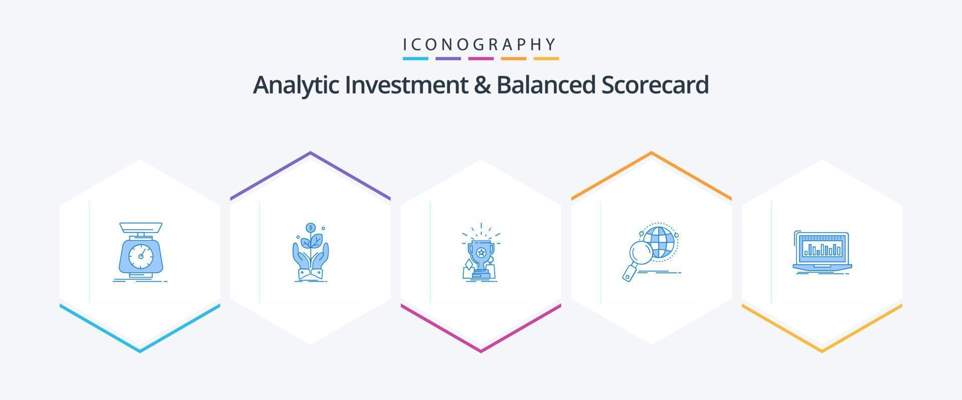 Analytische Investition und Balanced Scorecard 25 blaues Symbolpaket inklusive Lupe. global. Anlage. Trophäe. Tasse vektor