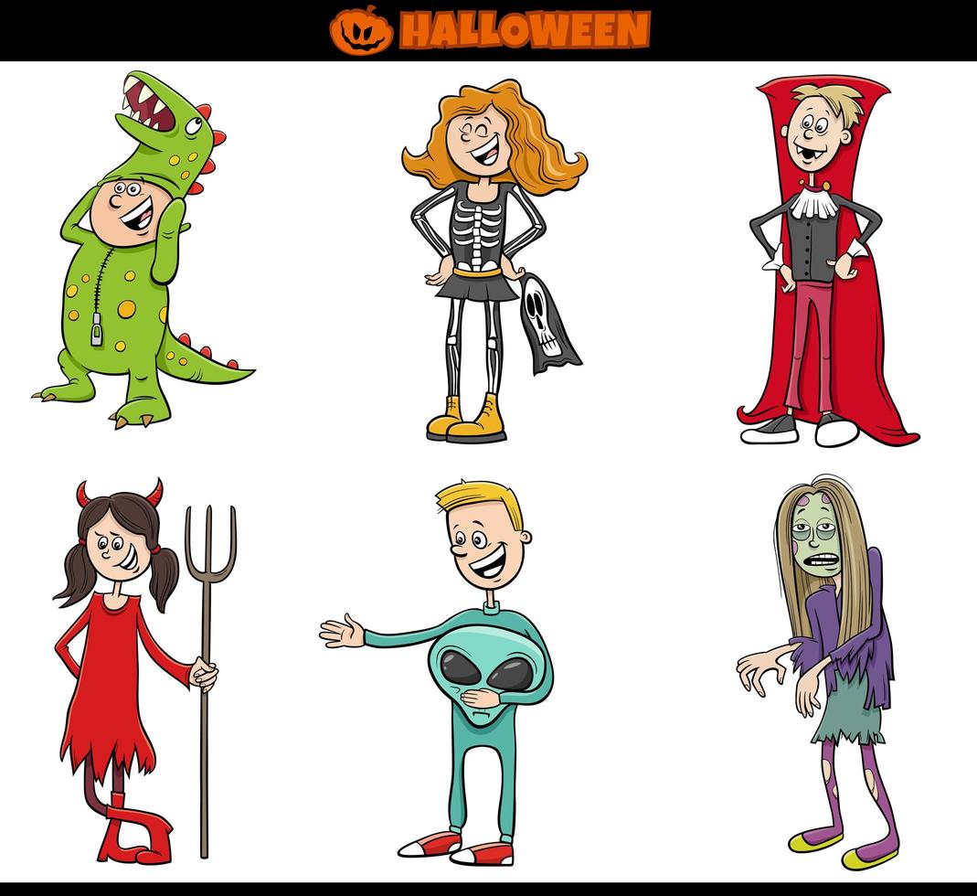 Kinder in Halloween-Kostümen setzen Karikaturillustration vektor