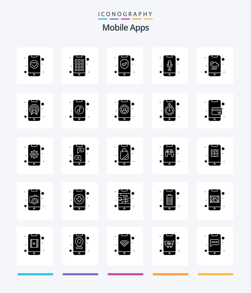 Creative Mobile Apps 25 Glyph Solid Black Icon Pack wie Wetter. Telefon Recorder. Speisekarte. mobiler Rekorder. überprüfen vektor