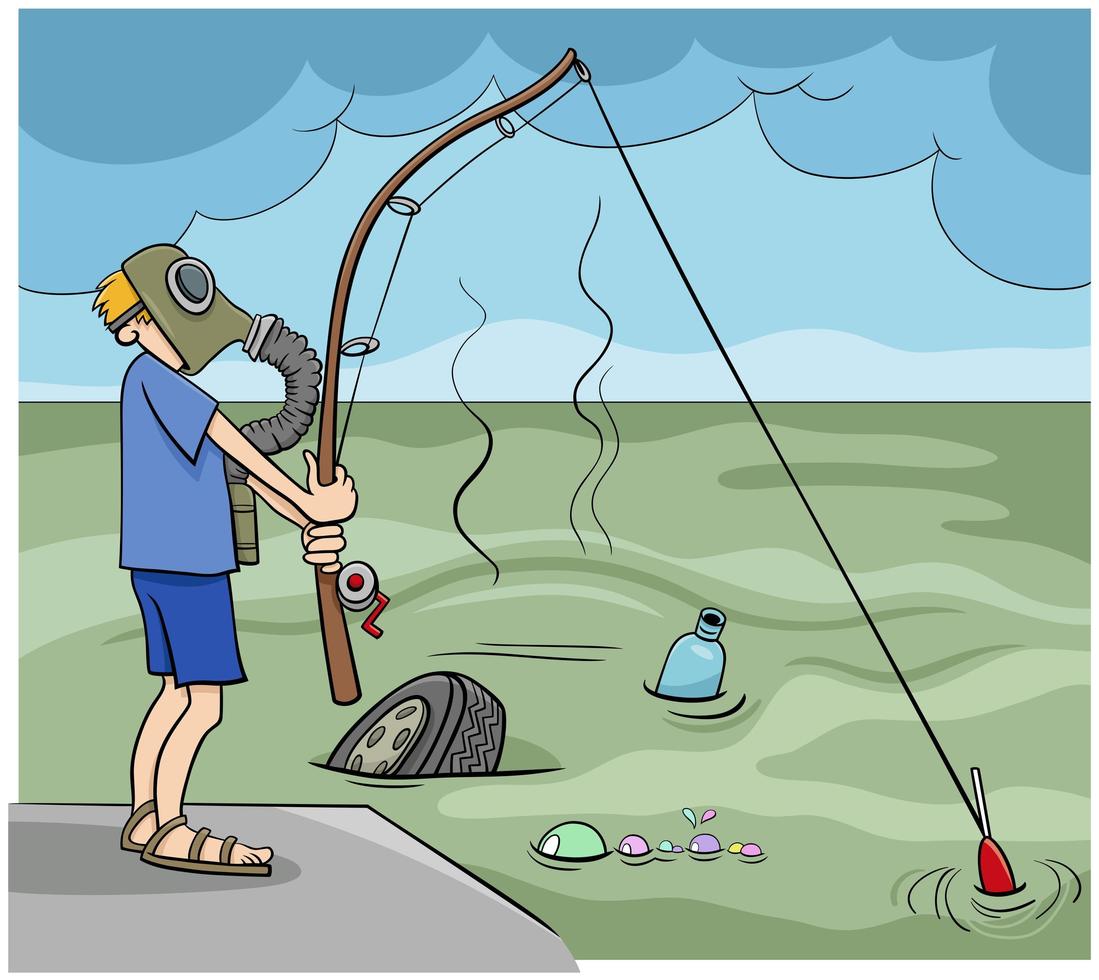 Cartoon-Typ, der im Abwasser fischt vektor