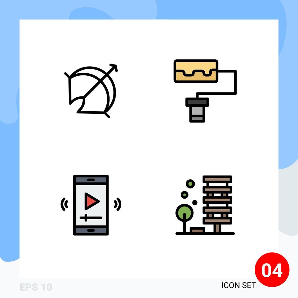 fylld linje platt Färg packa av 4 universell symboler av bågskytte multimedia punkt vält video spelare app redigerbar vektor design element