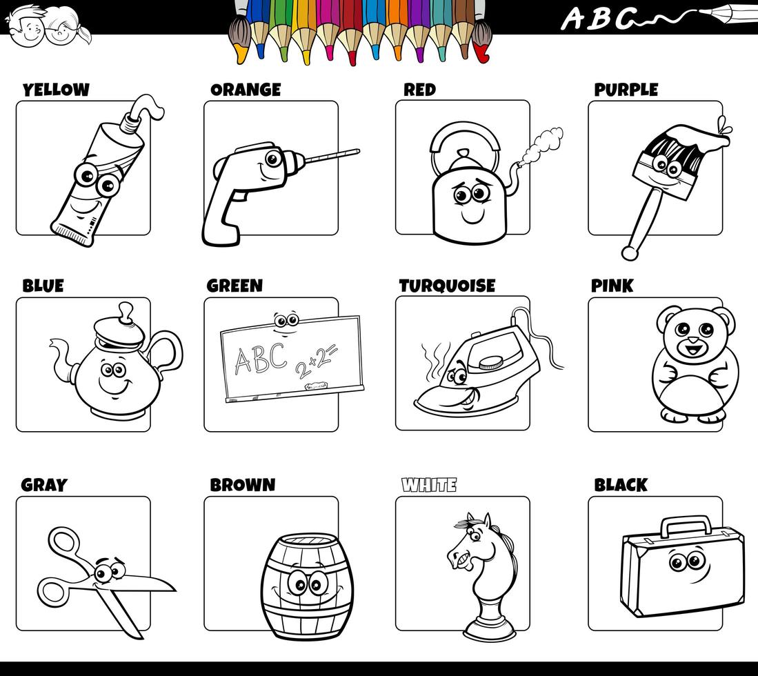 grundläggande färger med objekt som målarbok sida vektor