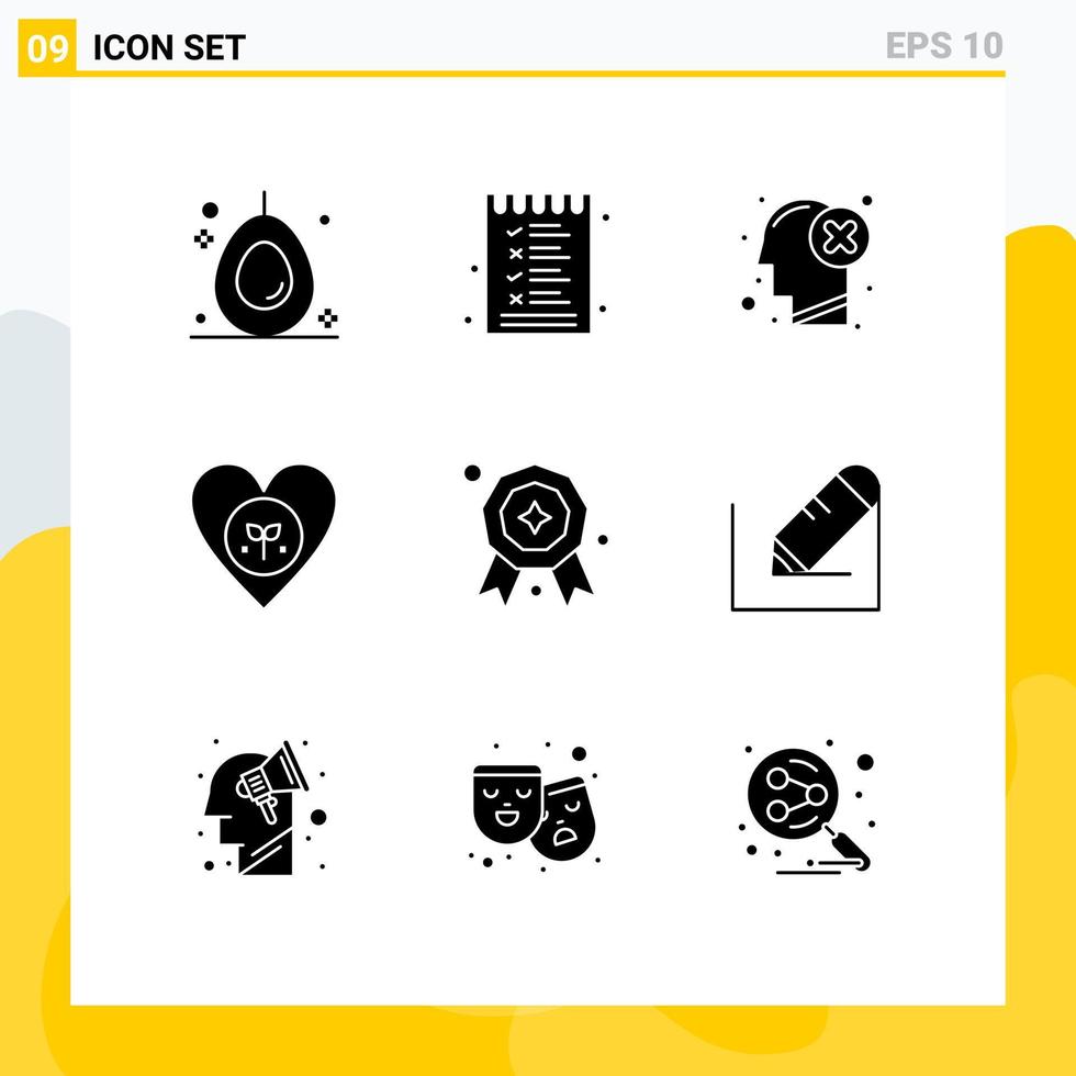 Piktogrammsatz von 9 einfachen soliden Glyphen der Auszeichnung Herzinsuffizienz Lieblingsökologie editierbare Vektordesign-Elemente vektor