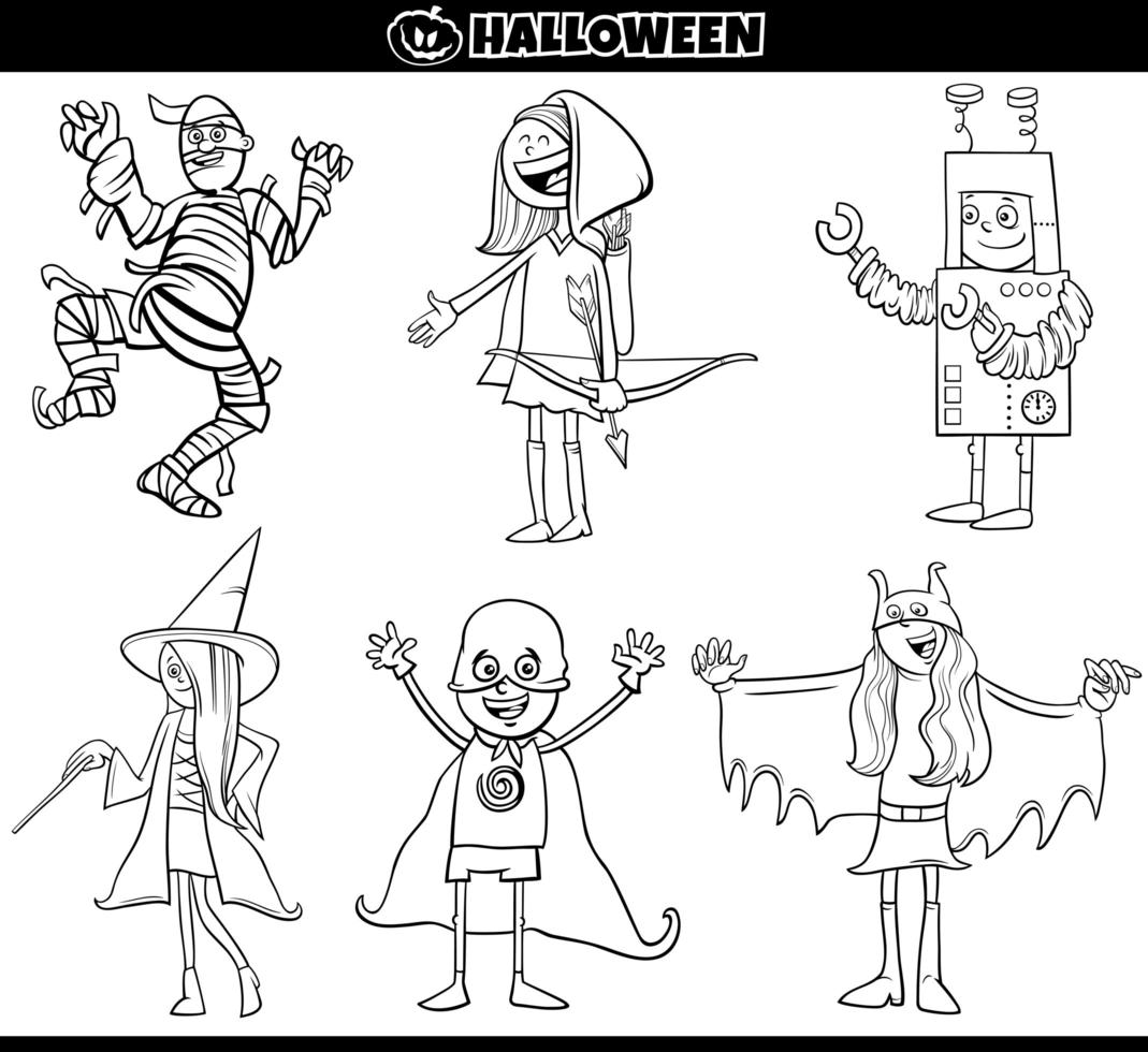 Kinder in Halloween-Kostümen setzen Cartoon Malbuch Seite vektor