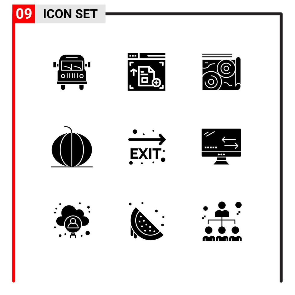Gruppe von 9 soliden Glyphen Zeichen und Symbolen für Notausgang Gemüsebuch Kürbis Natur editierbare Vektordesign-Elemente vektor