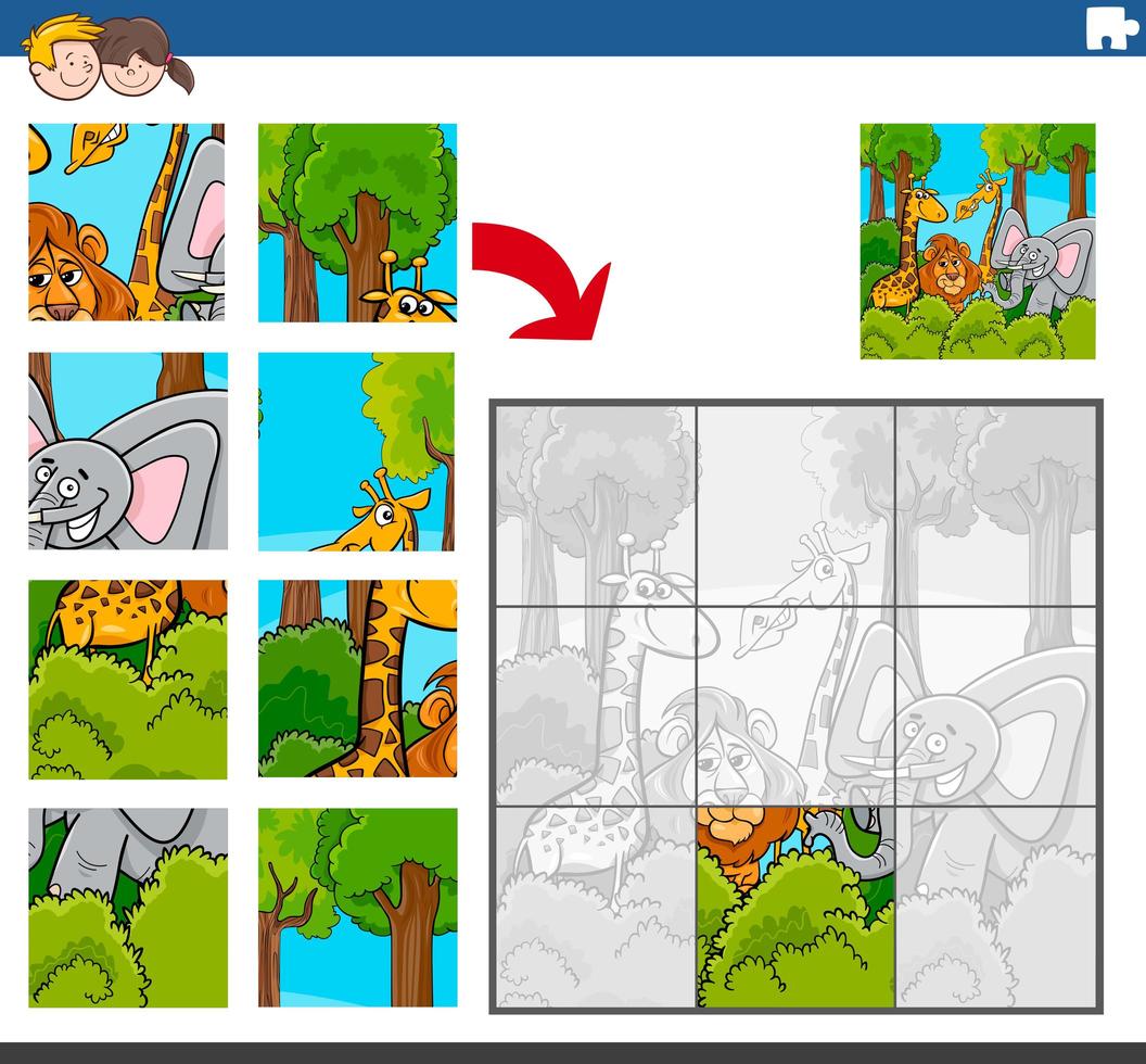 pusselspel med komiska karaktärer av vilda djur vektor