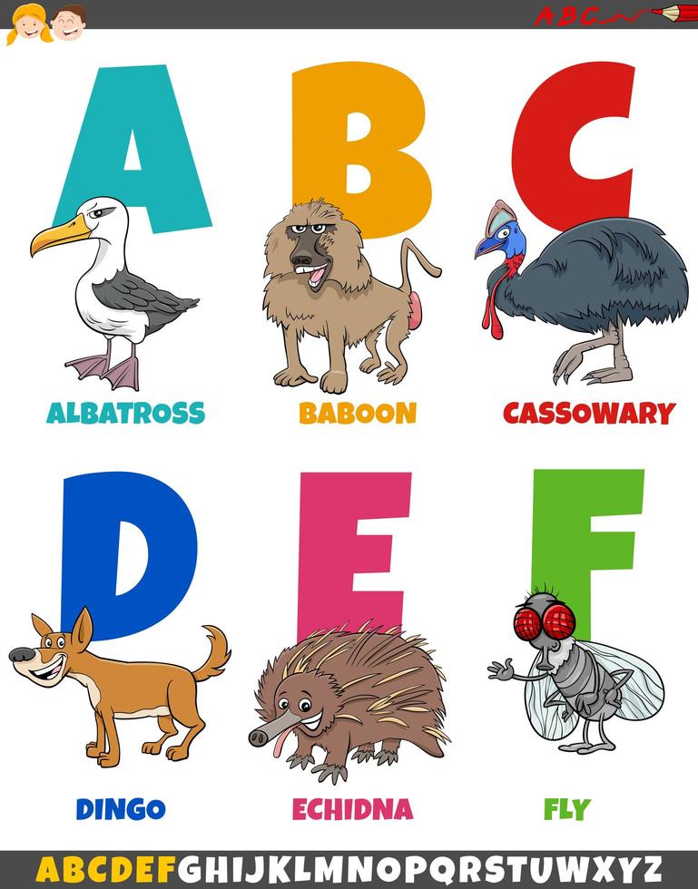 pedagogisk tecknad alfabetsamling med roliga djur vektor