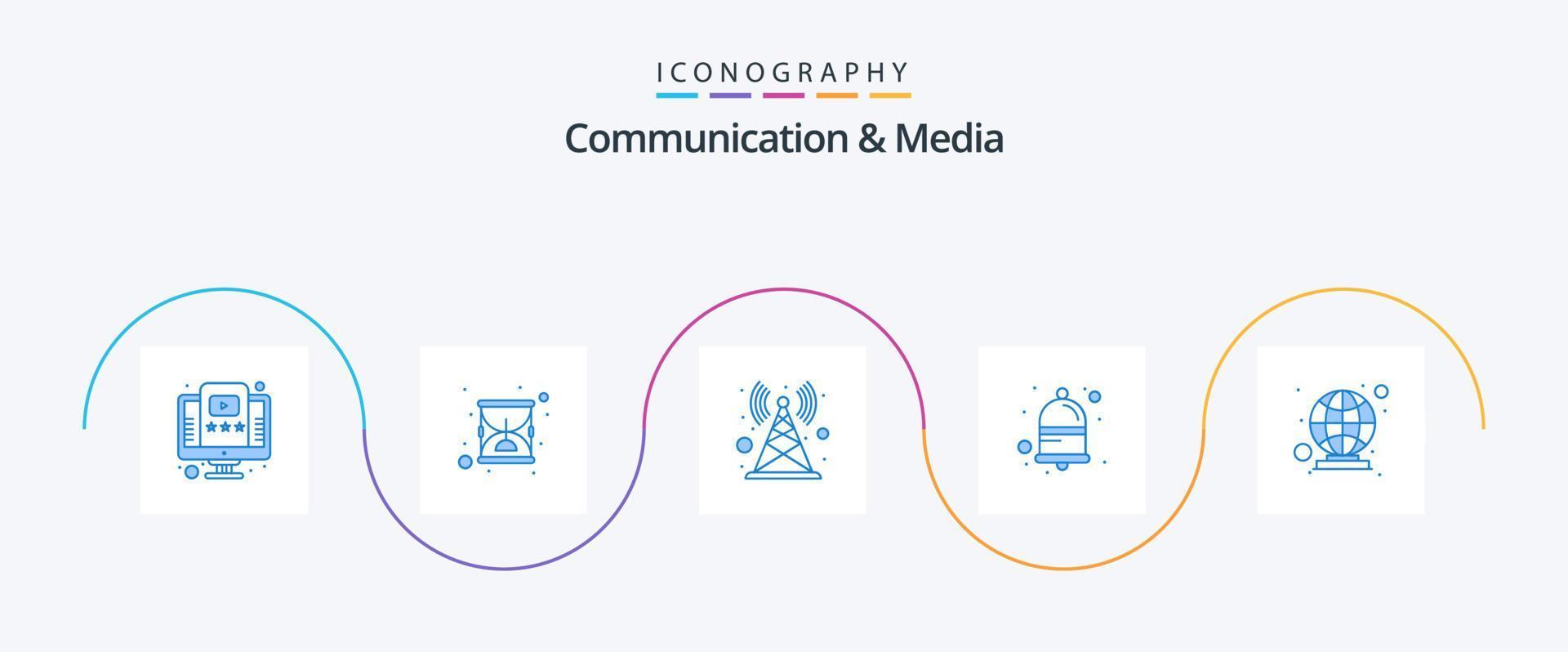 kommunikation och media blå 5 ikon packa Inklusive global. varna. antenn. meddela. klocka vektor