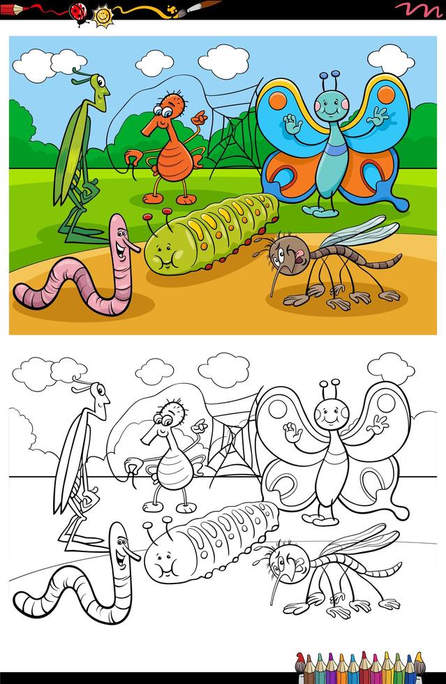 tecknade roliga insekter och buggar grupp målarbok sida vektor