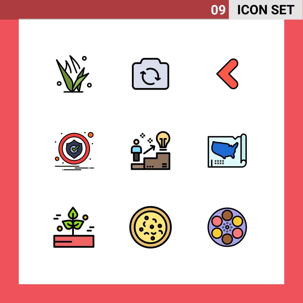grupp av 9 modern fylld linje platt färger uppsättning för Framgång säkerhet pil underrättelse varna redigerbar vektor design element