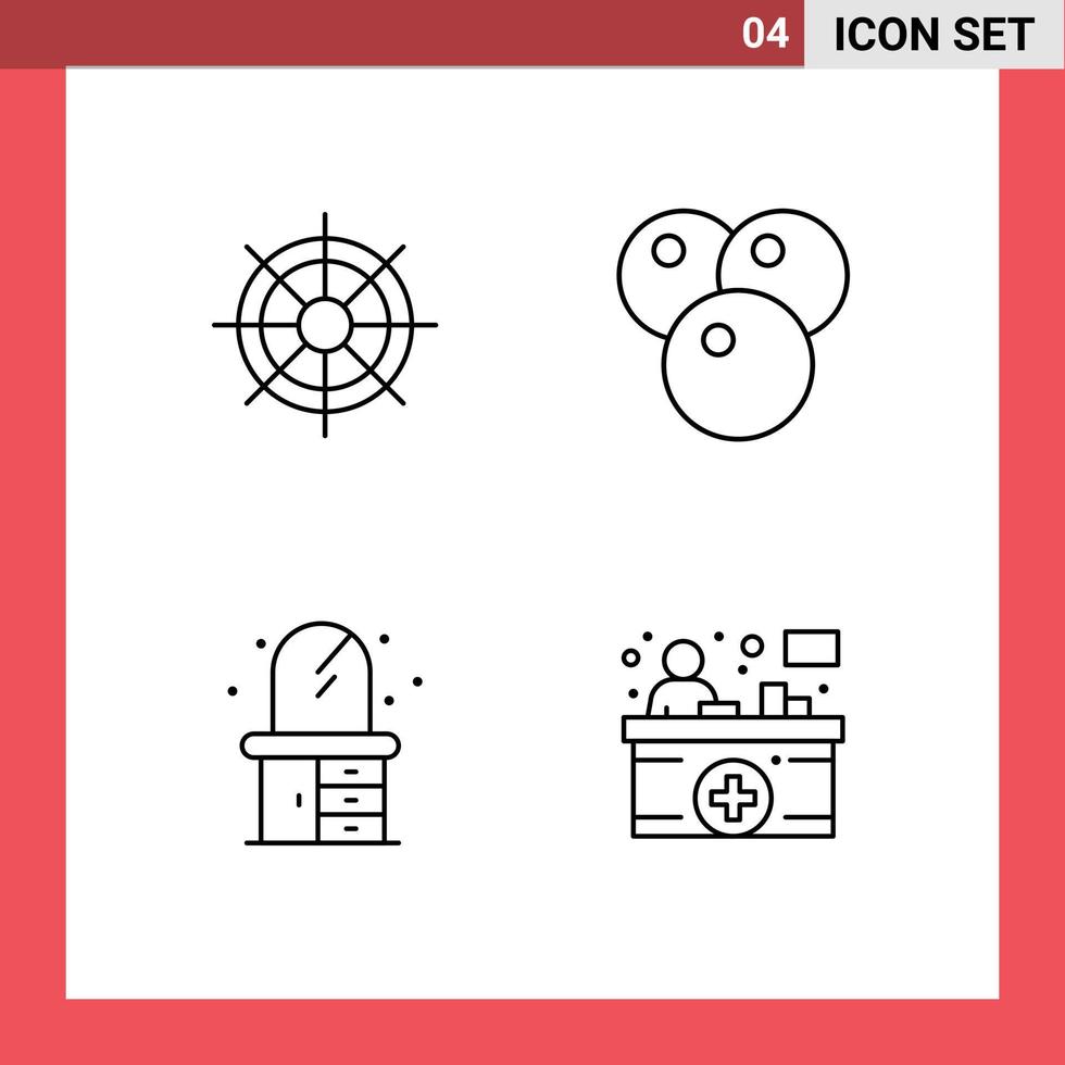 Gruppe von 4 gefüllten flachen Farbzeichen und Symbolen für editierbare Vektordesign-Elemente für Boot, Kommode, Rad, Obst, Rezeption vektor