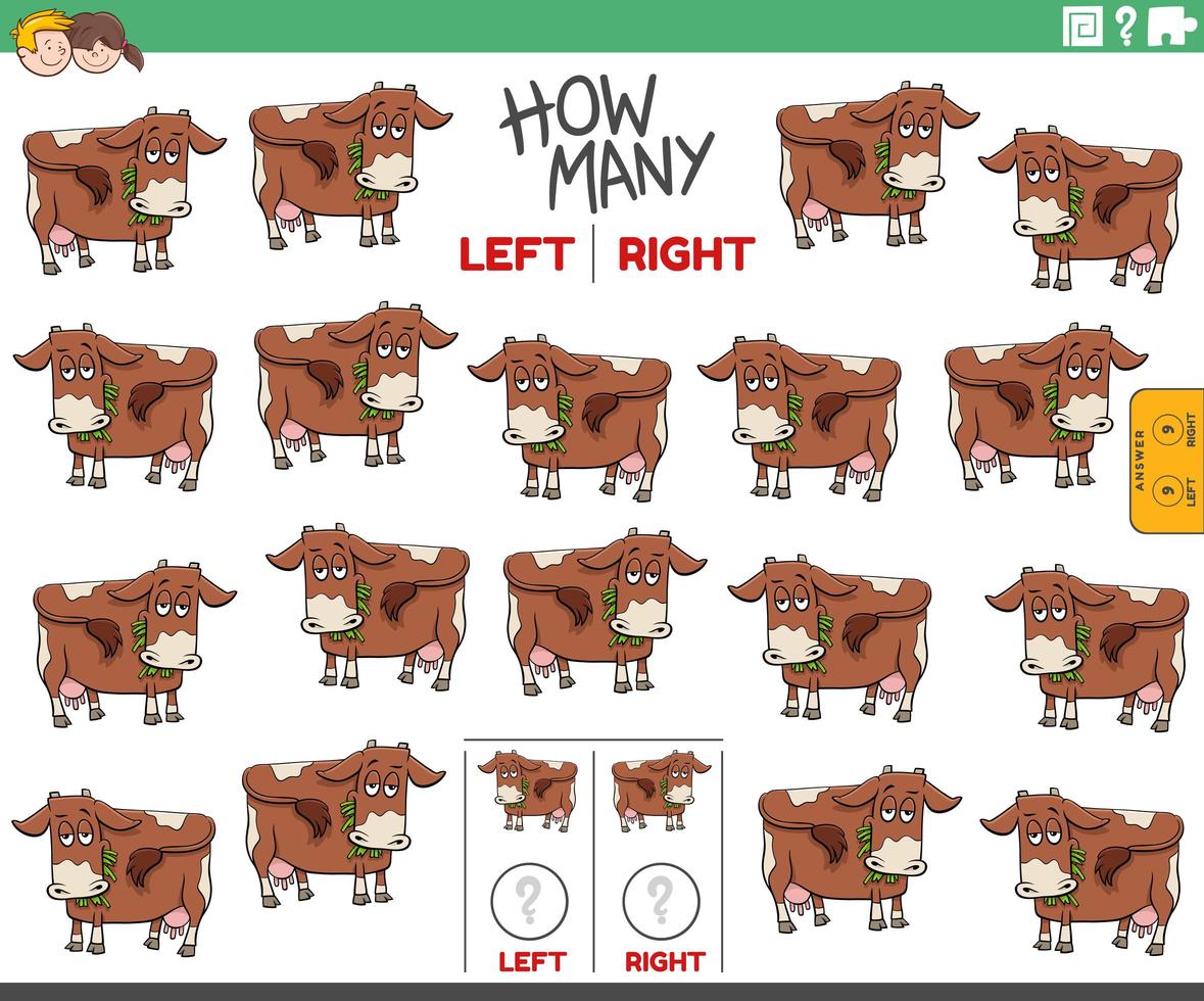 räknar vänster och höger bilder av tecknad ko gårdsdjur vektor