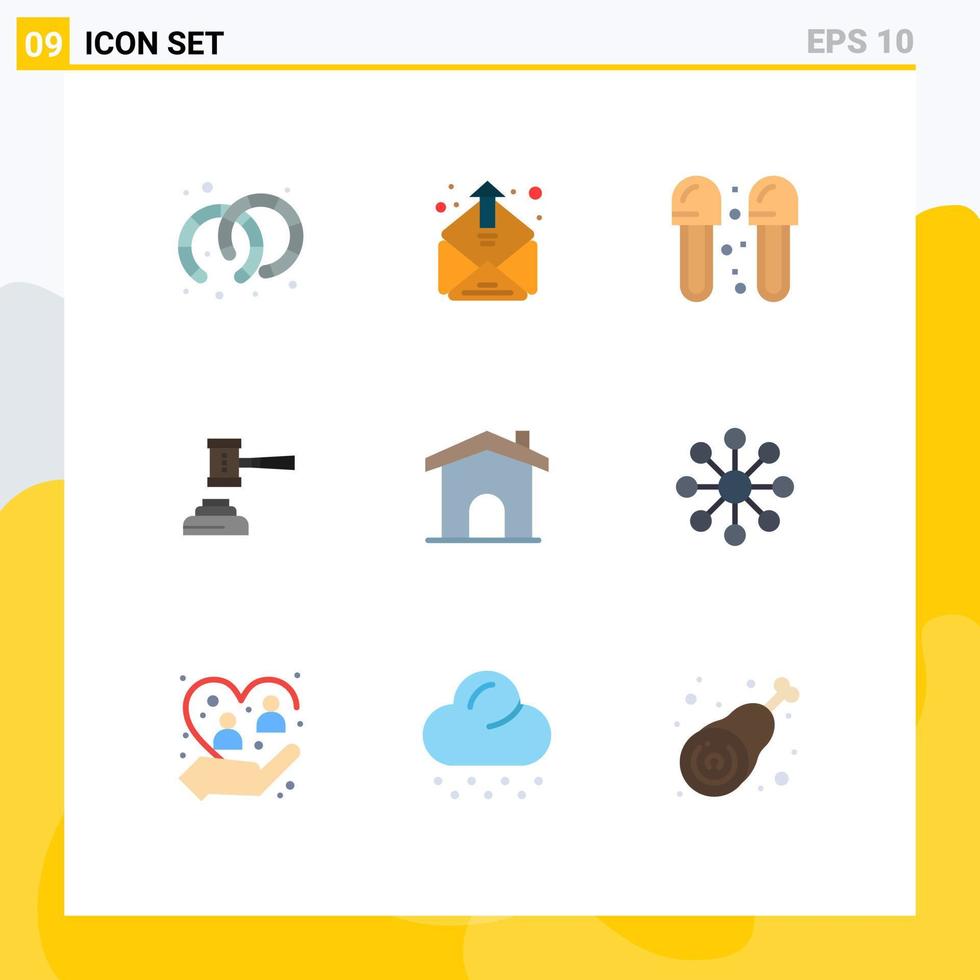 Mobile Schnittstelle flacher Farbsatz von 9 Piktogrammen von Hammer Court Bad Auktionsgesetz editierbare Vektordesign-Elemente vektor