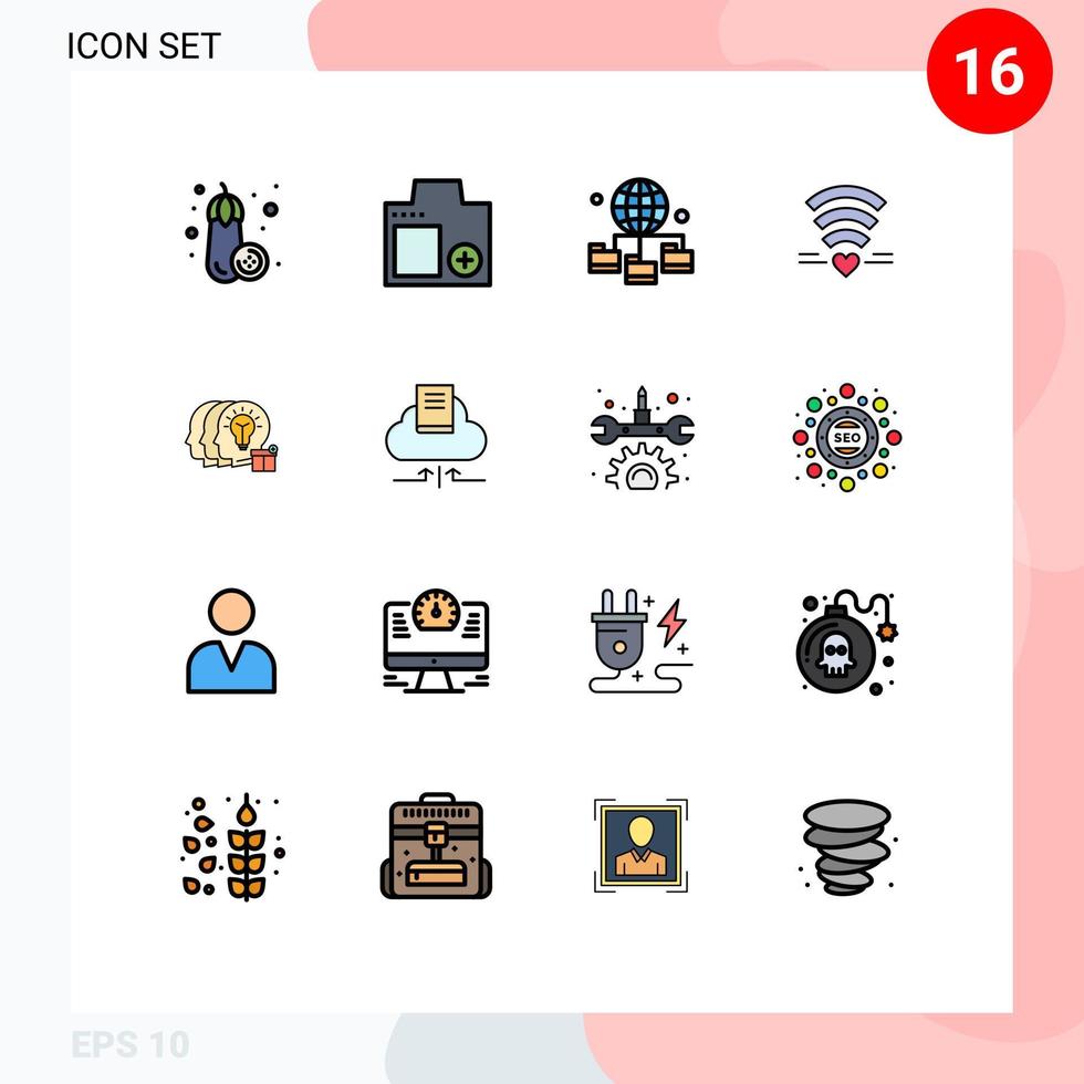 moderner satz von 16 flachen farbgefüllten linien piktogramm von teilen herzkugel hochzeit wifi editierbare kreative vektordesignelemente vektor