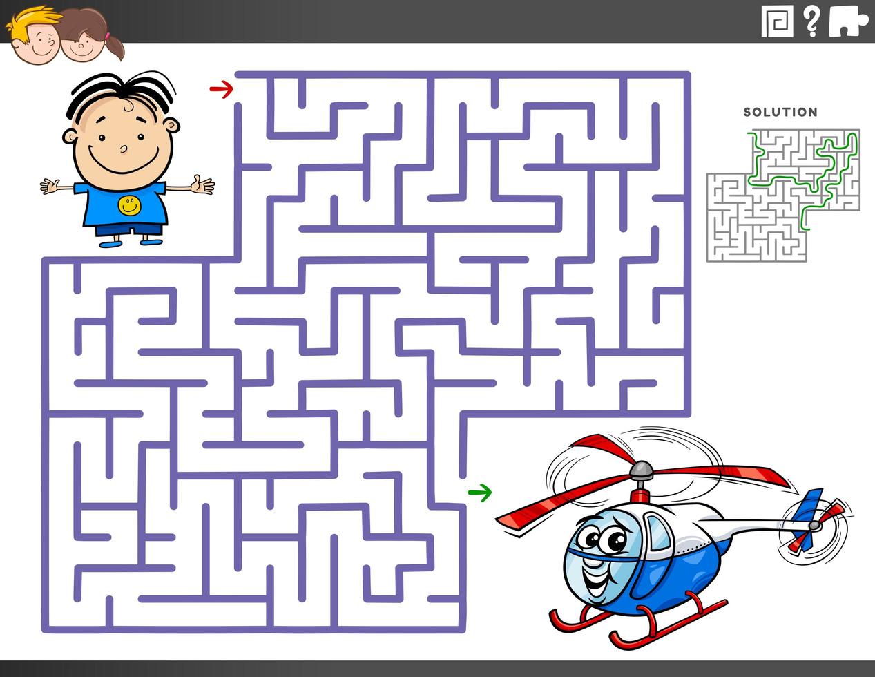 labyrint pedagogiskt spel med pojke och leksakshelikopter vektor