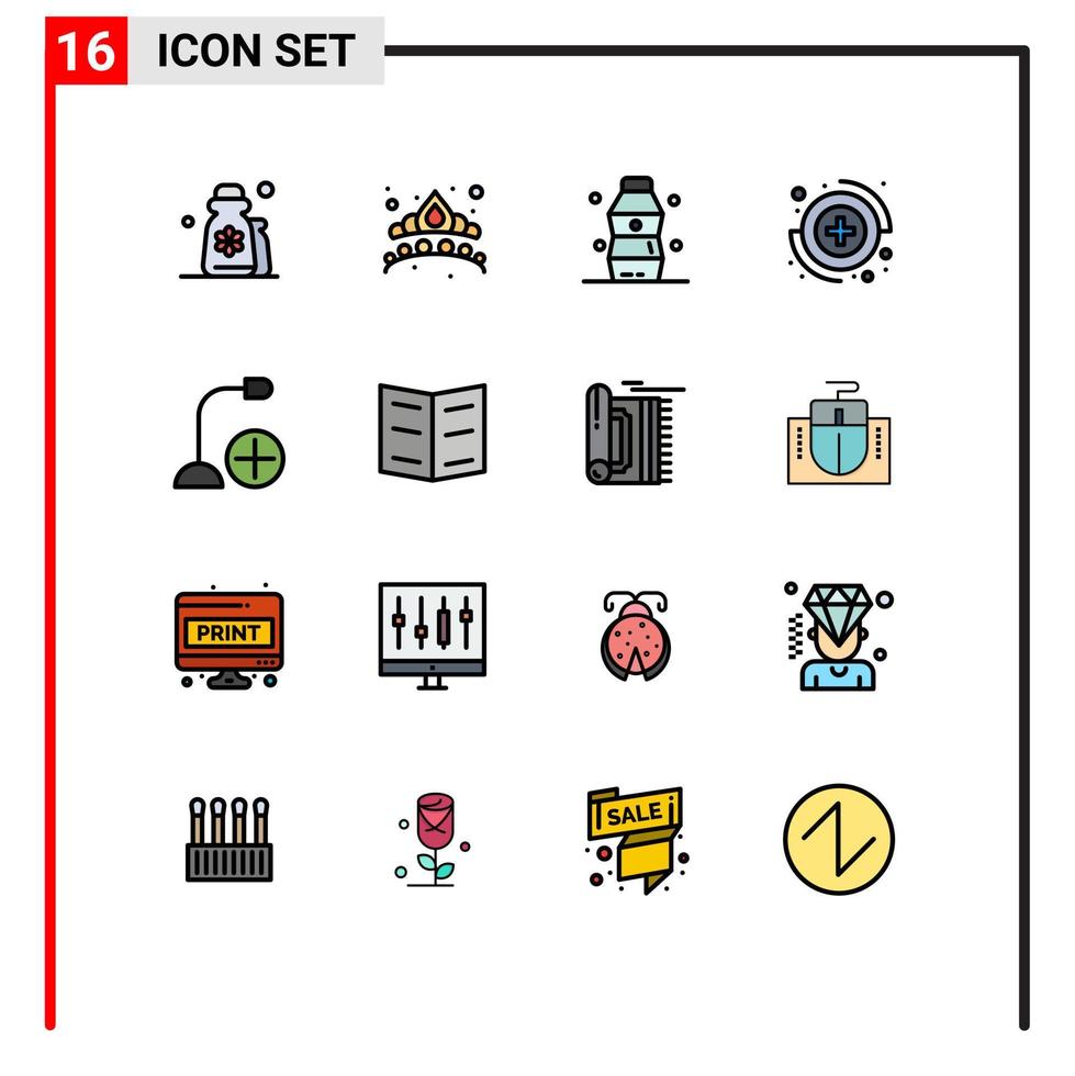 Gruppe von 16 flachen, farbgefüllten Linien Zeichen und Symbole für Computerzeichen Juwel medizinisches Wasser editierbare kreative Vektordesign-Elemente vektor