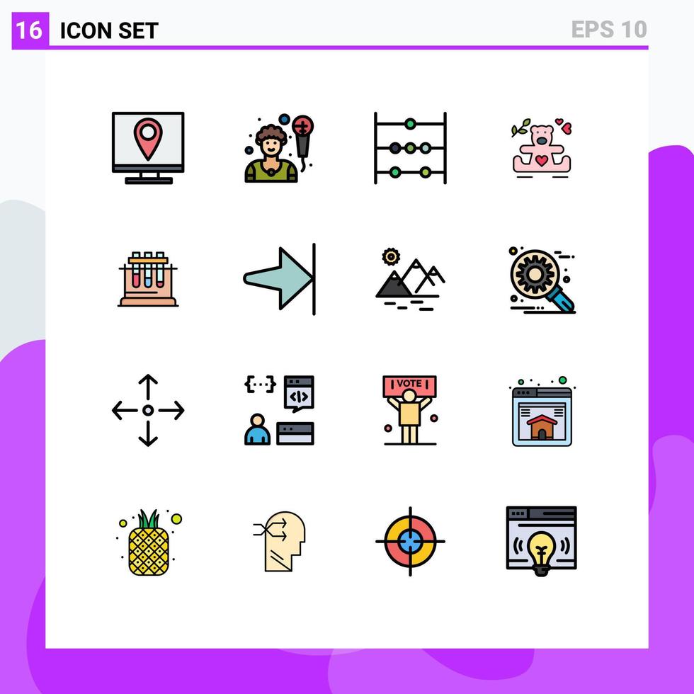 16 flache, farbgefüllte Linienkonzepte für mobile Websites und Apps Chemielabor Abakus Hochzeit Liebe editierbare kreative Vektordesign-Elemente vektor