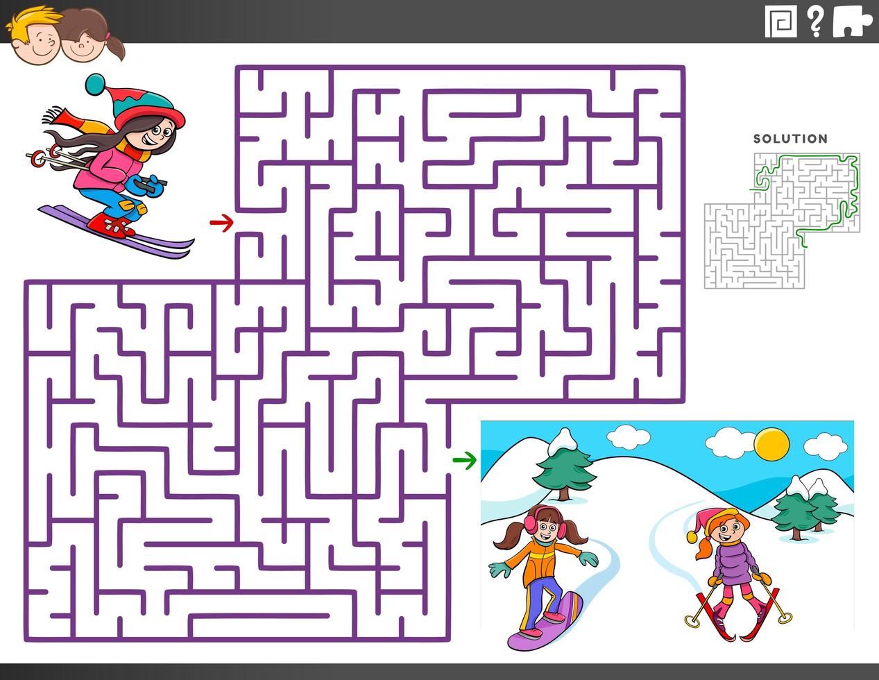 Labyrinth-Lernspiel mit Skimädchen-Charakteren vektor