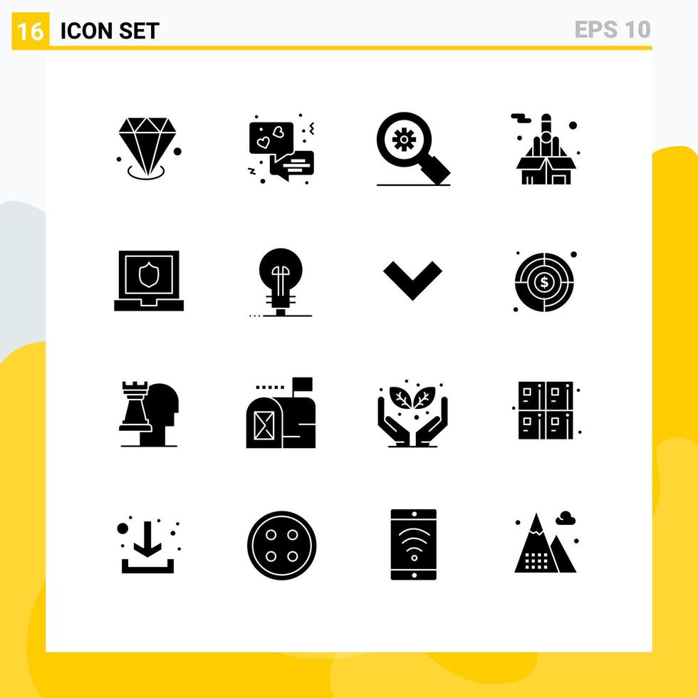 uppsättning av 16 vektor fast glyfer på rutnät för skydda bärbar dator Sök börja tvinga redigerbar vektor design element