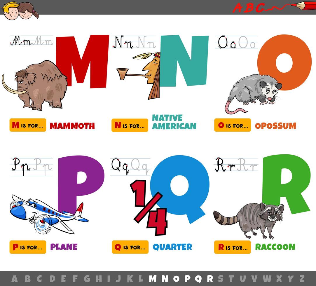 pedagogiska tecknade alfabetbokstäver från m till r vektor