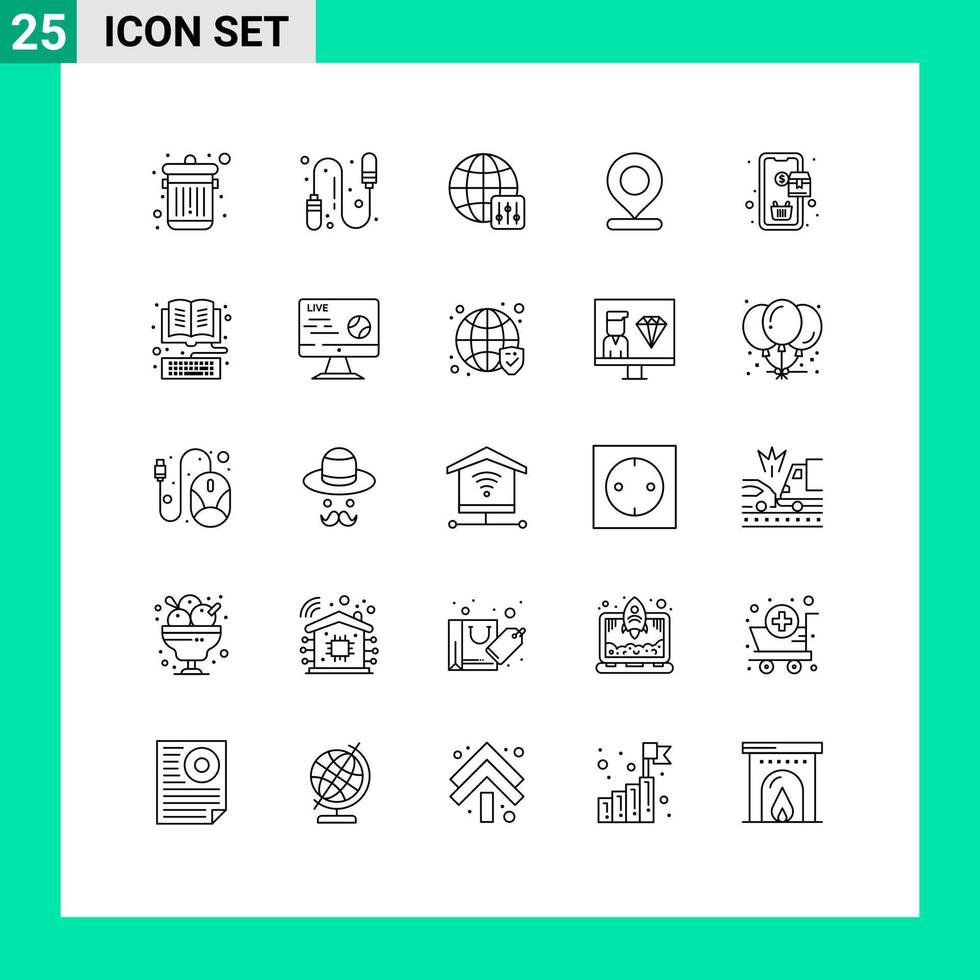 25 universell linje tecken symboler av bok inköp server inställningar beställa stift redigerbar vektor design element